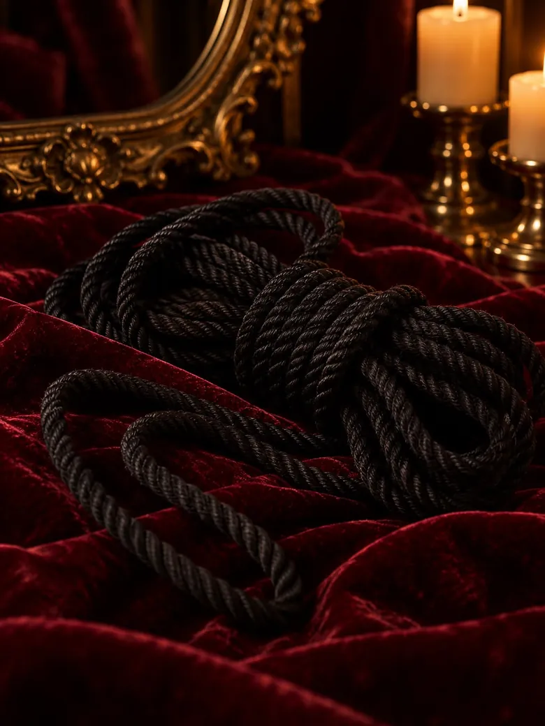 A coil of black rope on red velvet beside a gilded mirror and candles