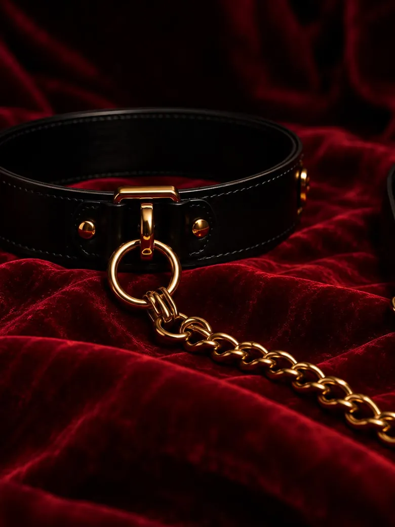 A black leather collar with a gold chain lead on red velvet