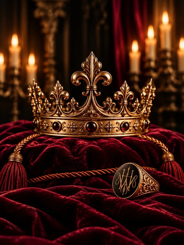 A gold crown and a House of Worship signet ring resting on red velvet