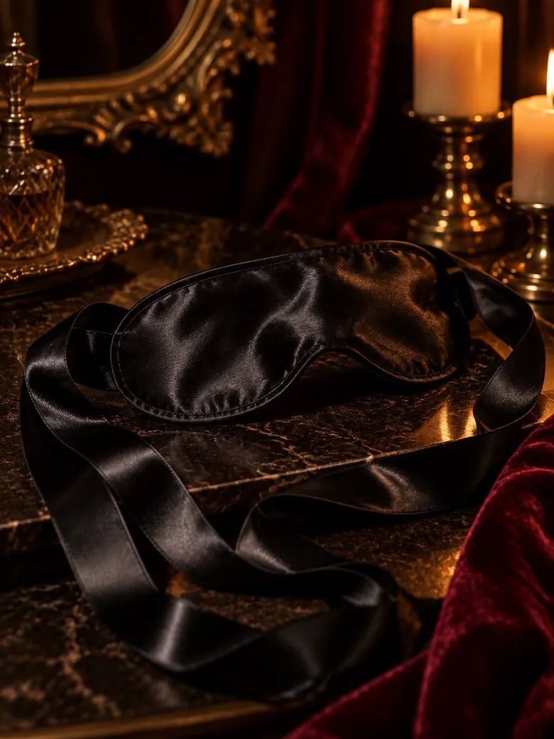 A black satin blindfold and ribbons on a candlelit dressing table