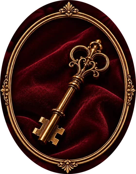 An ornate key on red velvet