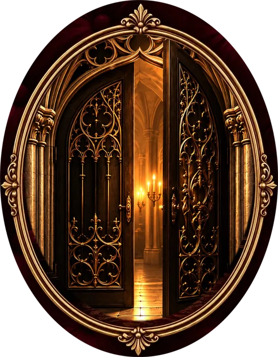 An arched Gothic doorway standing part open, warm candlelight beyond