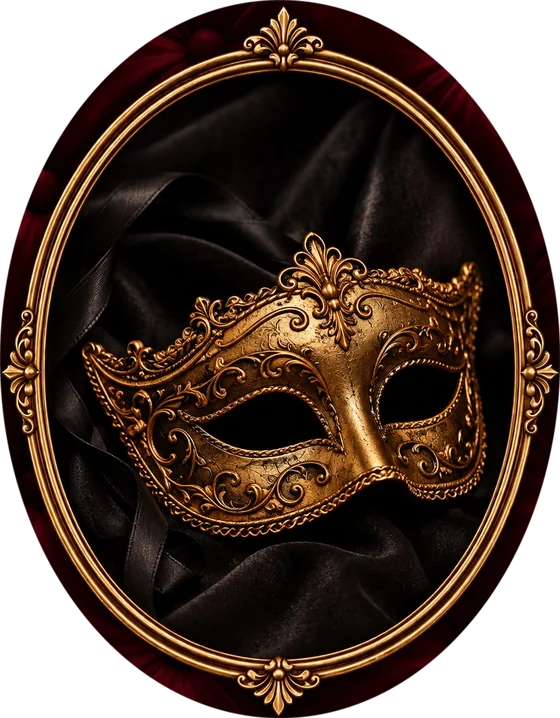 A gilded masquerade mask on black silk