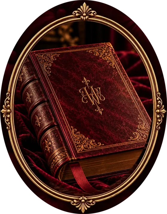 A burgundy leather book tooled in gold, on red velvet