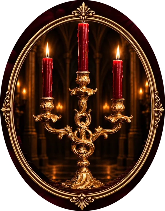 A gilded candelabra holding three lit red candles